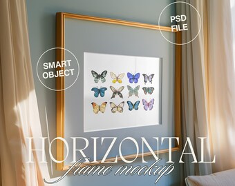 Elegant Blue Interior Frame Mockup, Large Horizontal Girly Poster Mockup, Elegant Wall Art Mockup Frame, Preppy Artwork Display PSD