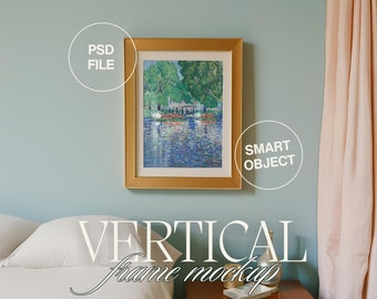 Modern Interior Frame Mockup, Poster Mockup, Wall Art Mockup, Vertical Frame Mockup, Interior Mockup, PSD Smart Object Mockup, Blue Wall