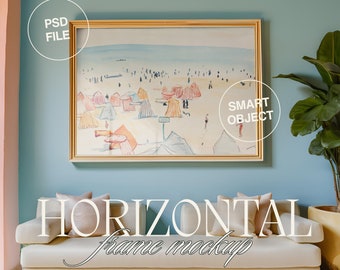 Elegant Blue Interior Frame Mockup, Large Horizontal Girly Poster Mockup, Elegant Wall Art Mockup Frame, Preppy Artwork Display PSD