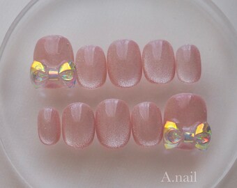Ribbon Nails | Cat Eye Nails |Salon Quality Nails | Handmade | Japanese Nails |GelNails  | Pink Nails | Aurora Ribbon nails |