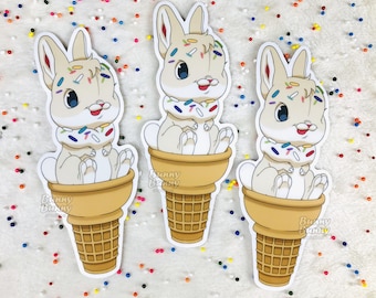 Sticker lapin crème glacée / Lapin Chibi dessin animé mignon / Papeterie sur le thème de la nourriture Kawaii / Cadeau pour amoureux des animaux / Vinyle imperméable à l'eau / Journal pour ordinateur portable