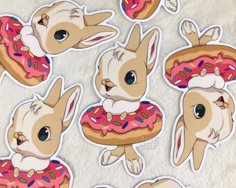 Donut Bunny Sticker / Tan Dutch Rabbit / Cute Cartoon Chibi Sticker / Kawaii Food Themed Stationary / Vinyl Waterproof / For Laptop Journal