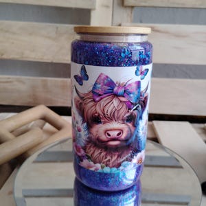 Purple Glitter Highland Cow Snow Globe Glass Can – 16oz Cup with Bamboo Lid | Cowgirl Gift