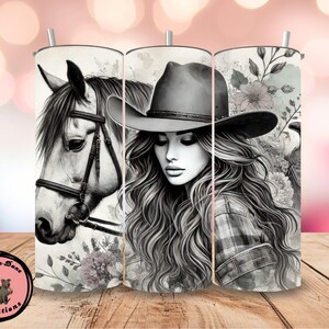 Western Cowgirl Tumbler | 20oz Stainless Steel Horse Cup | Country Girl Gift | Black & White Floral Tumbler with Cowgirl and Horse