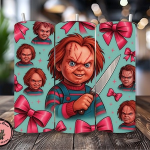 Horror Icons with Bows 20oz Tumblers | Cute Creepy Skinny Cups with Lid and Straw | Chucky, Jason, Freddy & Michael Myers