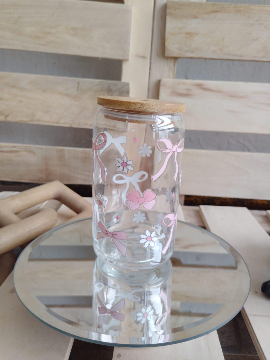 Coquette Bow Glass Can Tumbler – 16oz Cup With Bamboo Lid | Pink Bows ...