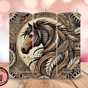 Tribal Horse Tumbler | 20oz Western Boho Cup | Native-Inspired Feather Art | Rustic Horse Lover Gift | Southwestern Drinkware