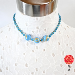 Kintsugi Pottery Vintage Necklace, Kintsugi Jewelry Blue Beaded Necklace, Wabisabi Japanese Kutani Ware, 24K Gold Jewelry, Meaningful Gift
