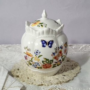 Aynsley Cottage Garden Lidded Jar, Sugar Pot, Vintage Butterfly & Floral Design - Royal Heritage Elegance