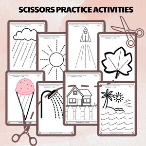 May include: A set of printable scissor practice activities for kids. The black and white images include a cloud with rain, a sun with rays, a rocket ship, a leaf, an ice cream cone, a shower, a house with a fence, and a palm tree with a sun and waves. The text "Scissors Practice Activities" is at the top of the page.