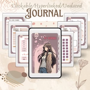 May include: A digital planner with a pink and white floral design. The planner includes a daily, monthly, and self-care planner. The cover features an illustration of a young woman with long brown hair.