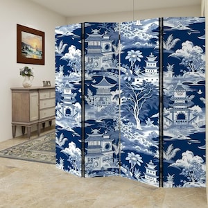 May include: A folding room divider with a blue and white Asian-inspired landscape design. The screen features pagodas, bridges, trees, and clouds. The artwork is repeated across the panels, creating a cohesive decorative element for a room.
