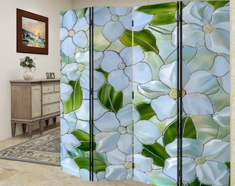 Blue Hydrangea Stained Glass Room Divider - 4 Panel Folding Screen