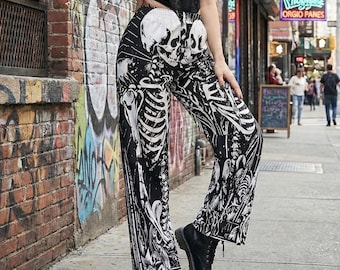 Skeleton Couple Wide Leg Pants - Goth Witchy Dark Academia Fashion