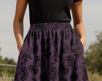 Gothic Maxi Skirt: Purple Damask, Dark Academia A-Line with Pockets