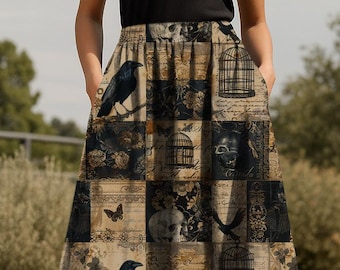 Raven Skull Gothic Skirt: Dark Academia Witchy Print, Pockets