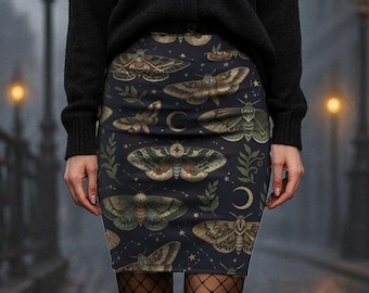 Moth and Moon Pencil Skirt: Witchcore Gothic Bodycon, Celestial Print