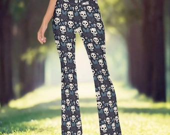 Schädel-Print-Schlaghosen: Hohe Taille Gothic Schlagböden