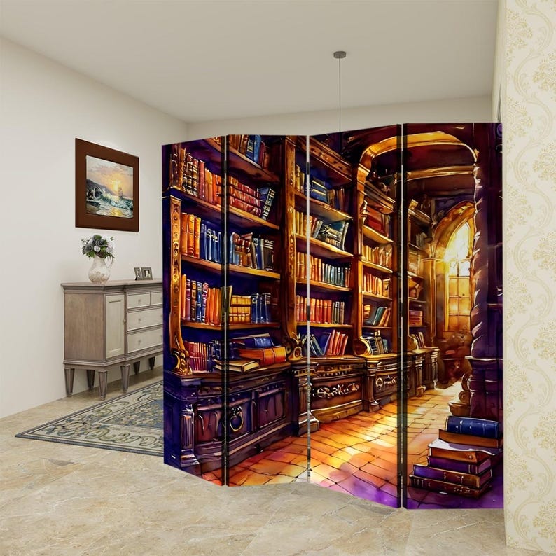Library Room Partitions Library Bookshelf Room Divider: Double-sided Canvas Print, 4 Panel - Etsy