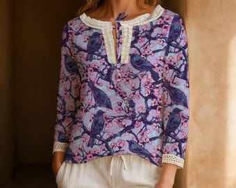 Raven and Cherry Blossom Blouse, Gothic Romantic Floral Top