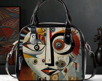 Modern Art Face Handbag: PU Leather Shoulder Purse