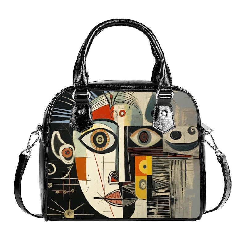 Modern Art Face Handbag: PU Leather Shoulder Purse image 4