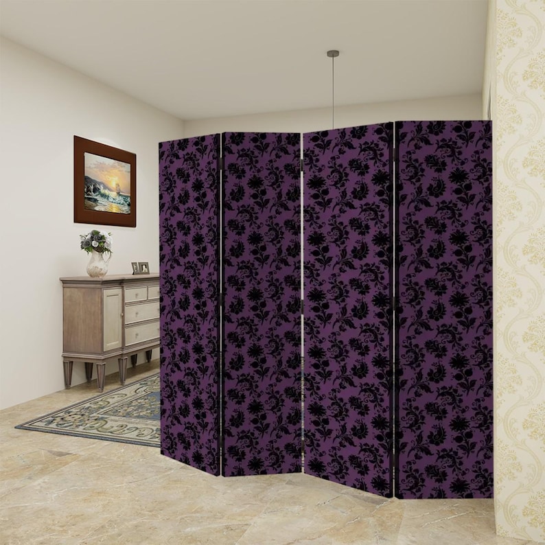 Purple Gothic Room Divider Folding Screen 4 Panel Purple Baroque Damask ...