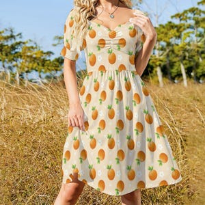 Citrus Summer Dress Orange Fruit Print Puff Sleeve Sundress Cottagecore Dress Short Sleeve V Neck Dress Botanical Print Dress Retro Fruit