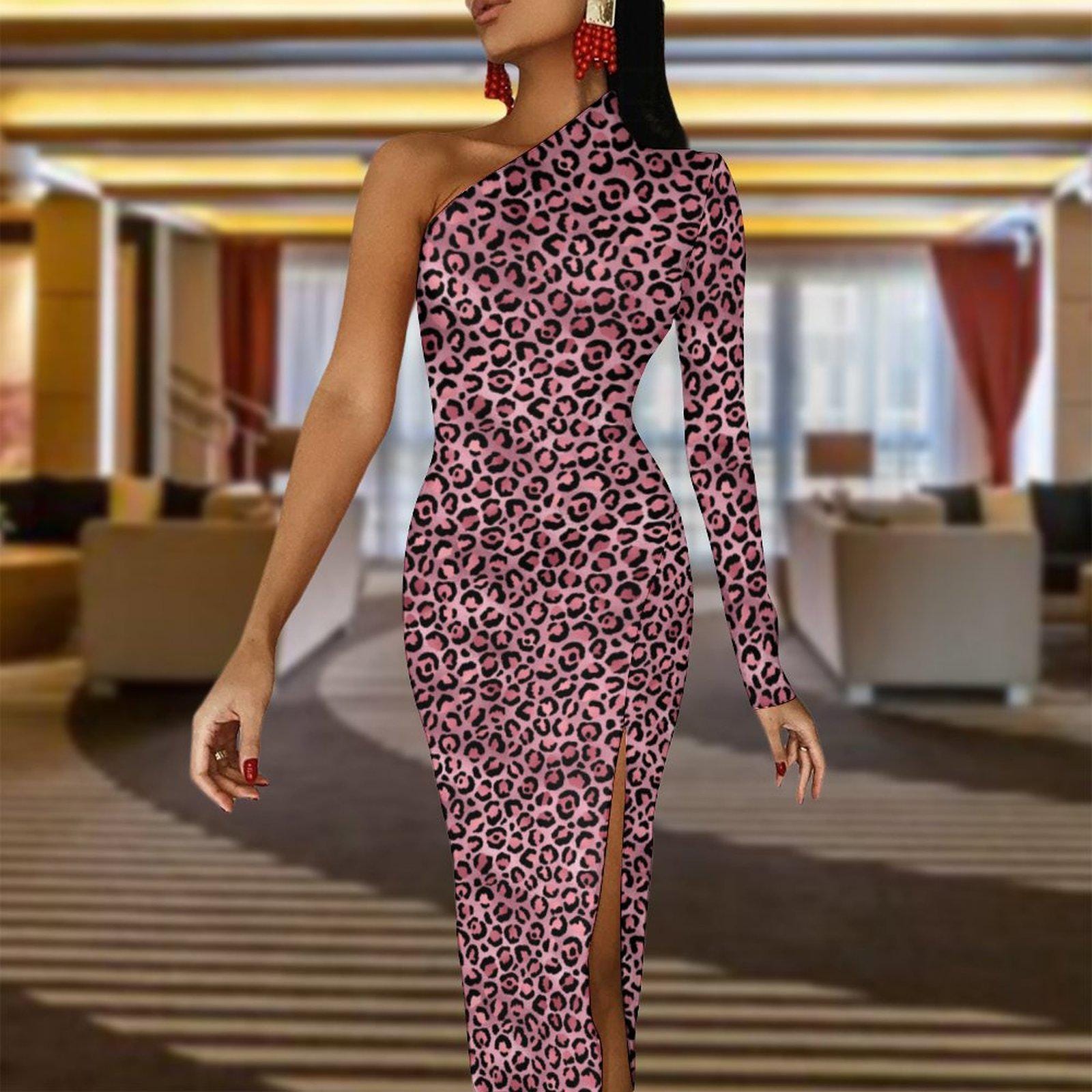 Pink Leopard Print Maxi Dress, One-Shoulder Bodycon Gown