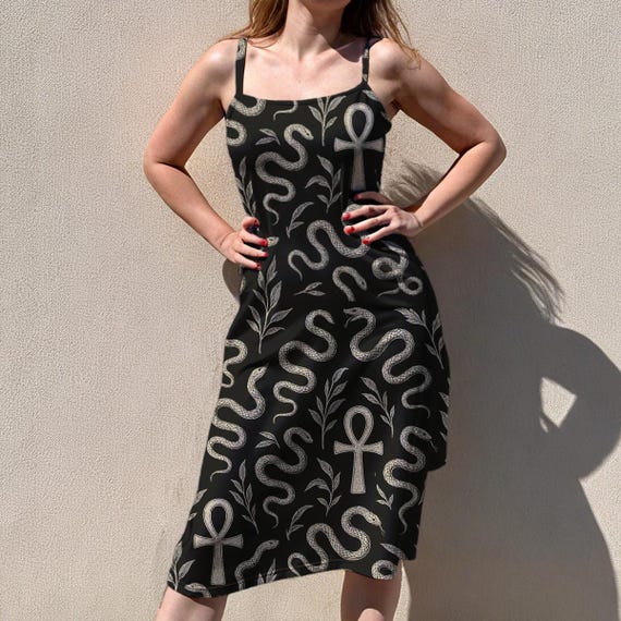 Gothic Ankh & Serpent Midi Dress: Witchy Sleeveless Slip Dress