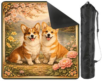 Corgi Garden Mahjong Mat with Carry Bag - Dog Pet lover Non Slip Mah Jong TilePlay Mat Accessories