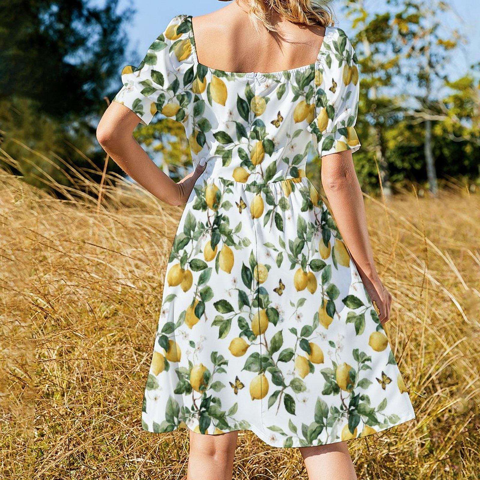 Sicilian Dress Lemon Botanical Print Dress White Puff Sleeve 