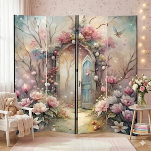 May include: A four-panel room divider featuring a watercolor painting of a whimsical garden scene. The artwork depicts a blue door, blooming flowers, and a butterfly. The color palette includes soft pinks, blues, and greens.