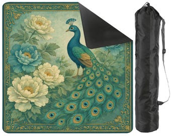 Tapete de Mahjong con Peonías de Pavo Real y Bolsa de Transporte - Elegante Tapete de Mahjong Antideslizante Floral - Accesorios