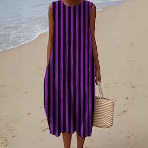 Purple Black Striped Maxi Dress Gothic Beach Sleeveless Dress with Pockets A-line Loose Fit Dress Witchy Vacation Outfit Gift for Her