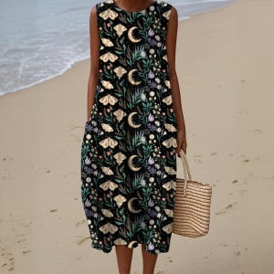 Witchy Moth Dress Maxi Pockets Dress Moon Phase Botanical Cottagecore Magic Garden Dress Gothic Floral Dark Academia Dress Witchy Beach