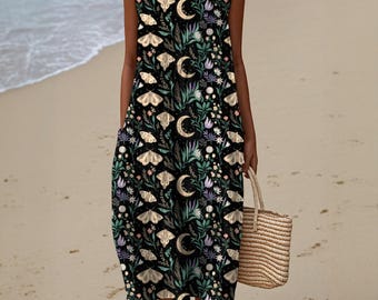 Witchy Moth Maxi Dress: Moon Phase Floral Cottagecore Goth
