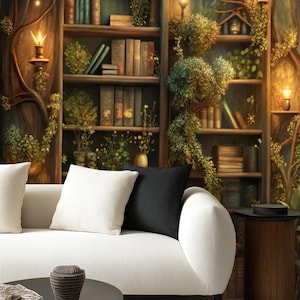 Peel and Stick Wallpaper Magic Bookshelves Wallpaper Witchy Library Wallpaper Home Decor Wall Art Wall Decor Room Decor Dark Wall Mural