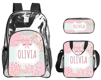 Personalized Clear Backpack Set: Pink Bow, Floral School Bag