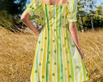 Green Heart Stripe Dress Yellow & White Puff Sleeve Summer Sundress 50s  Inspired Cute Retro Dress Cottagecore Kawaii Picnic Lemon Outfit - Etsy