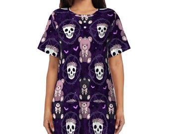 Pastel Gothic Pajama Set, Teddy Bear Skull Print Sleepwear