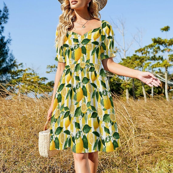 Sicilian Dress Lemon Stripe Dress Puff Sleeve Citrus Dress Yellow