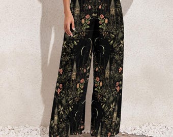 Gothic Castle Wide Leg Pants, Moon Floral Palazzo Pants