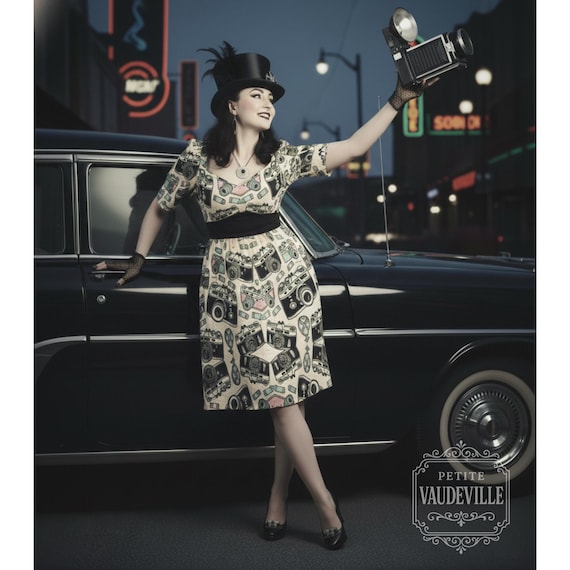 Retro Puff Sleeve Dress - Y2K 90s Girlcore Clothes - Camera Print Dress - Photography Dress Gift - Indie Sleaze Fashion - Nostalgia Clothes Retro Puff Sleeve Dress - Y2K 90s Girlcore Clothes - Camera Print Dress - Photography Dress Gift - Indie Sleaze Fashion - Nostalgia Clothes
