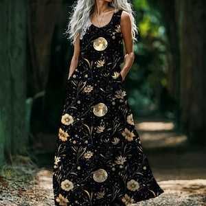 Full Moon Maxi Dress Celestial Floral Sleeveless Dress Witchy Forest Goddess Outfit Boho Moon Phase Dress With Pockets Maxi Flowy Dress