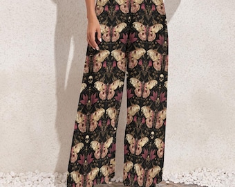 Goth Moth Palazzo Pants, Skull Butterfly Print, Witchy Clothing