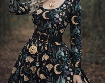 Floral Moon Phase Maxi Dress: Bohemian Witchy Long Sleeve