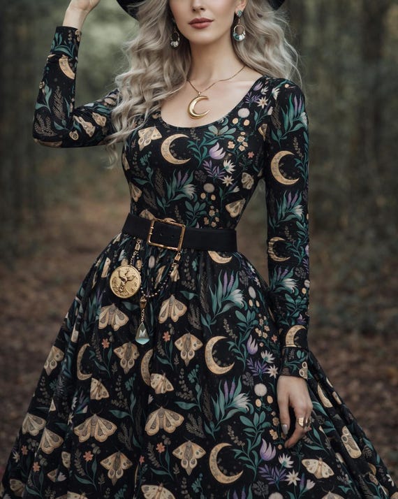 Floral Moon Phase Maxi Dress: Bohemian Witchy Long Sleeve