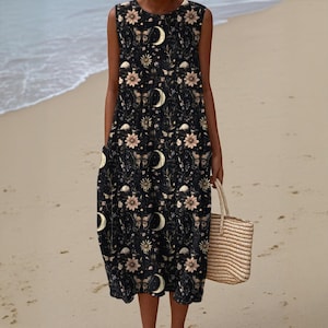 Witchy Celestial Maxi Dress with Pockets Moon Floral Wildflower Dress Dark Cottagecore Dress Boho Witchy Vacation dress Whimsigoth