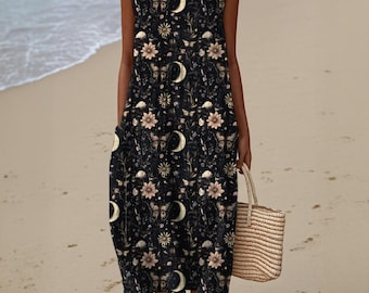 Witchy Celestial Maxi Dress: Moon & Wildflower Cottagecore Boho